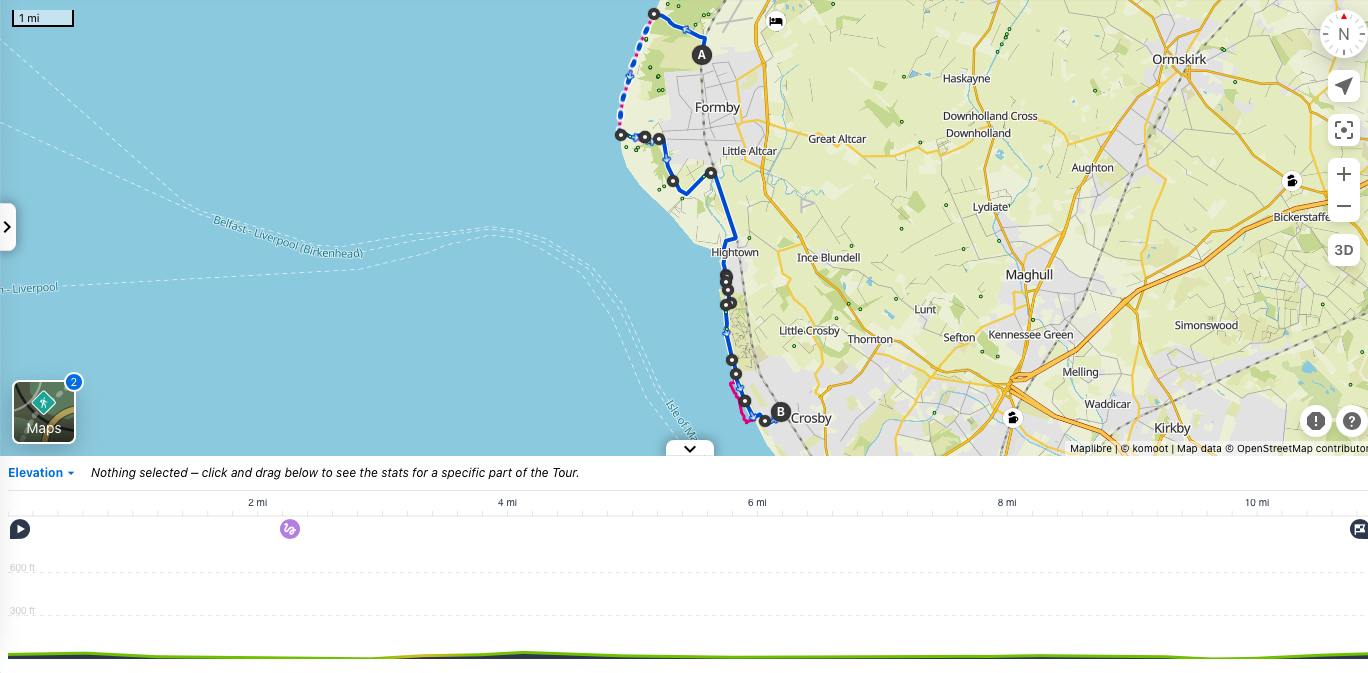 A very sunny day walking from Formby to Crosby in Merseyside. A mix of sandy beaches and dunes, some woodland and the wonderful art of Anthony Gormley's 100 statues ! Nearly 12 miles but flat. Accessible by public transports.