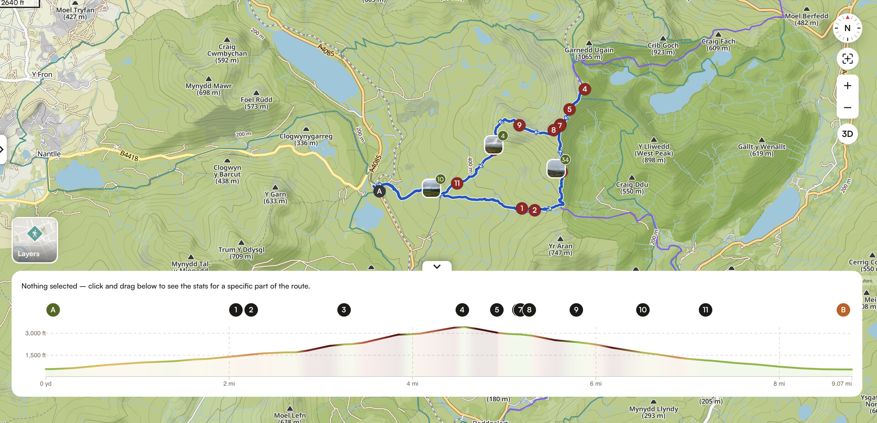 Overview of the route to Snowdown via the South Ridge and Rhyd Ddu path.
Click on the link for more details of the route on Komoot